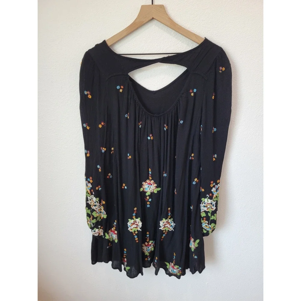 Free People Oxford Embroidered Swing Tunic Top Black XS Bohemian Festival